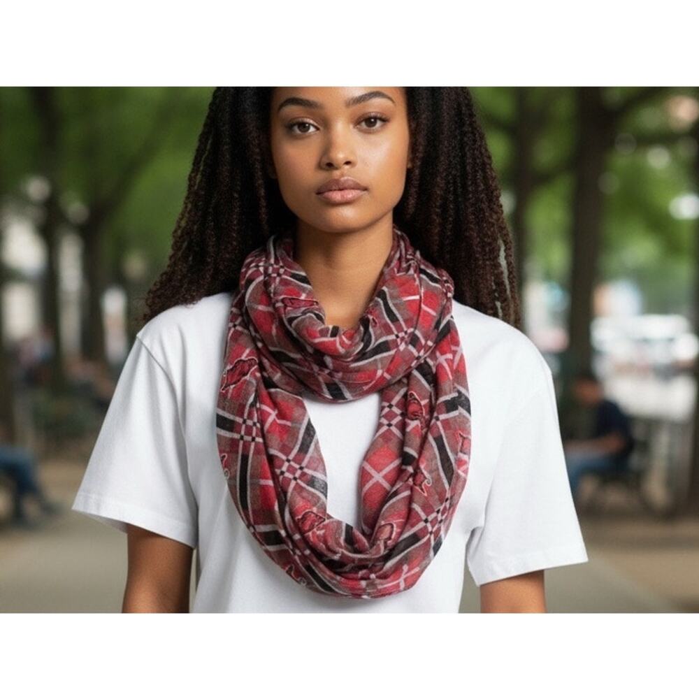 Arkansas Razorbacks College Football Scarf Infinity Plaid with Razorback Frayed - Picture 7 of 7